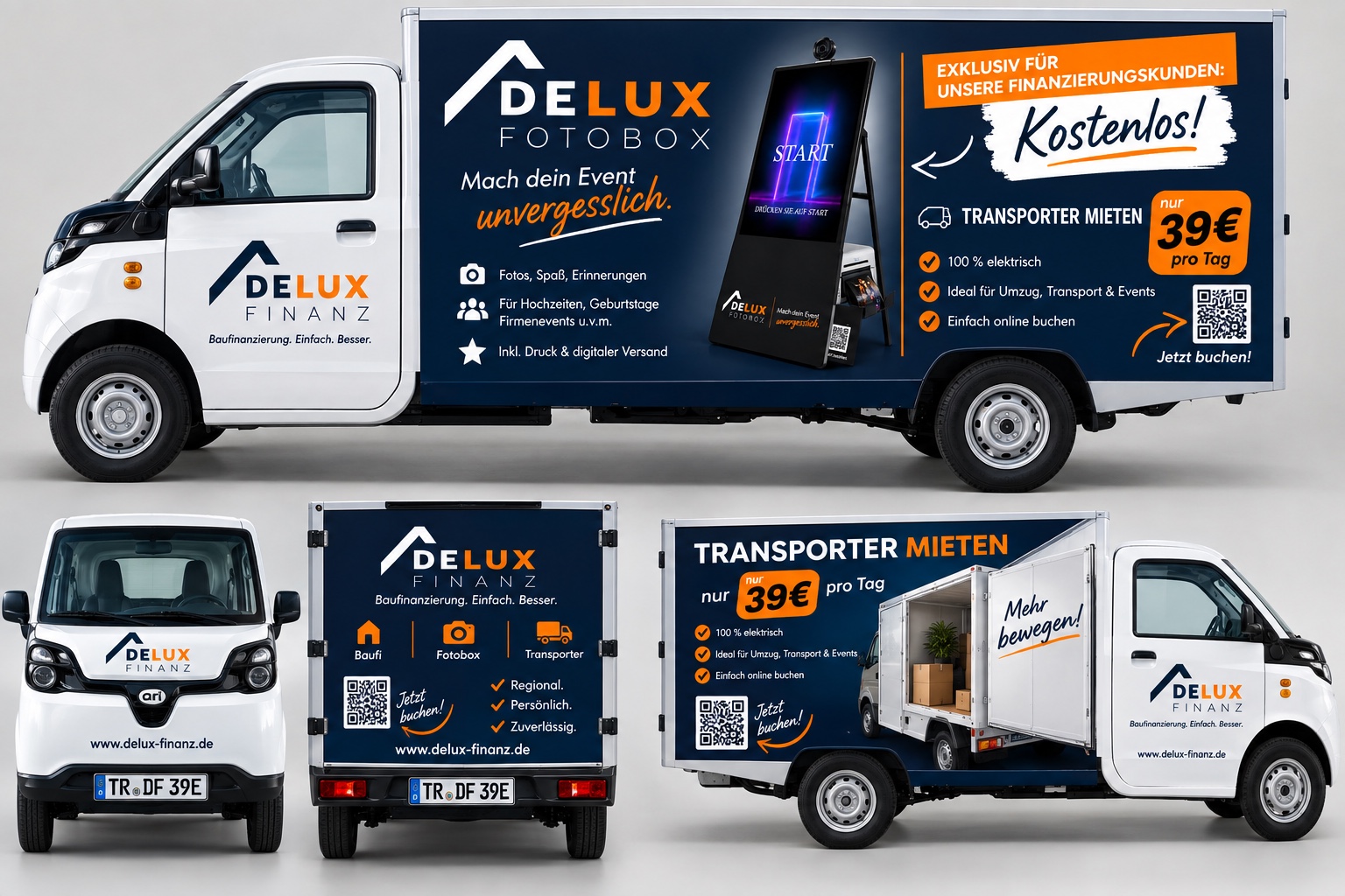 DELUX-Transporter: Gestaltungsentwurf in Dunkelblau, Orange und Weiß aus mehreren Perspektiven